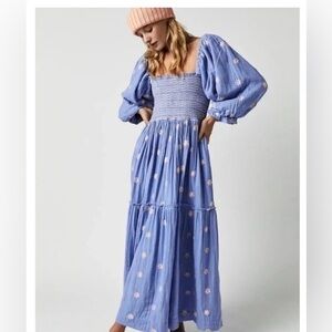 Free People Dahlia Embroidered Maxi Dress Gauzy Smocked Floral XS